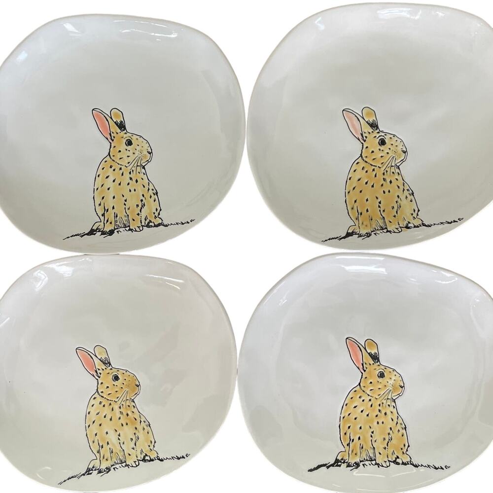 ELI & ANA Handmade Ceramics White EASTER BUNNY RABBIT 8.5" SALAD PLATES 4  NEW